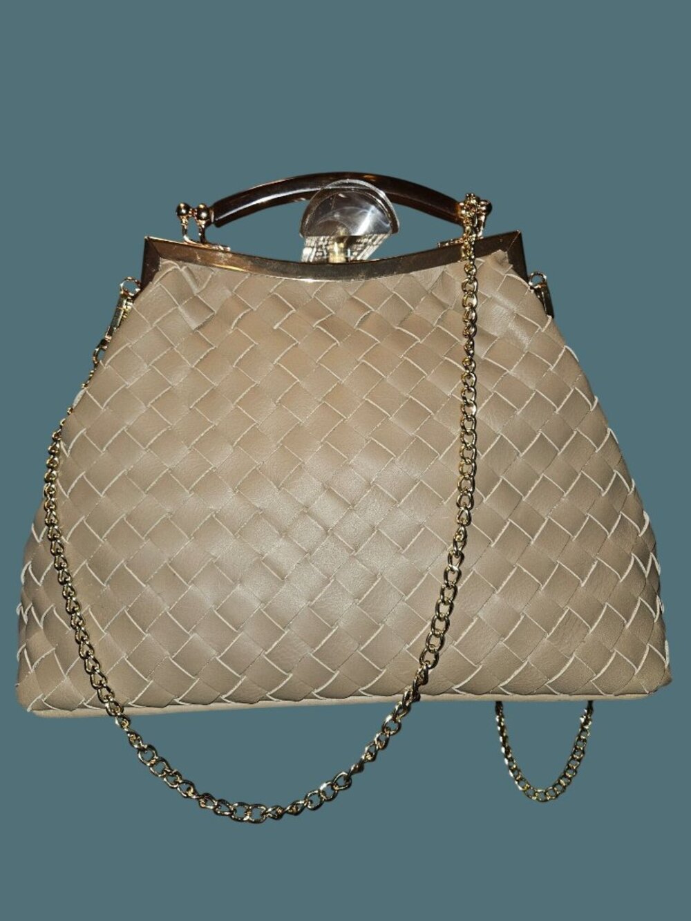 Stella Bianca Basketweave Leather Kiss Lock Top Handle Crossbody Gold Chain Bag